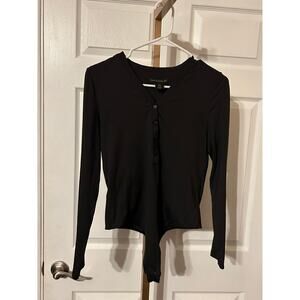 House of Harlow 1960 Black V Neck Button Front Bodysuit, Black, Medium